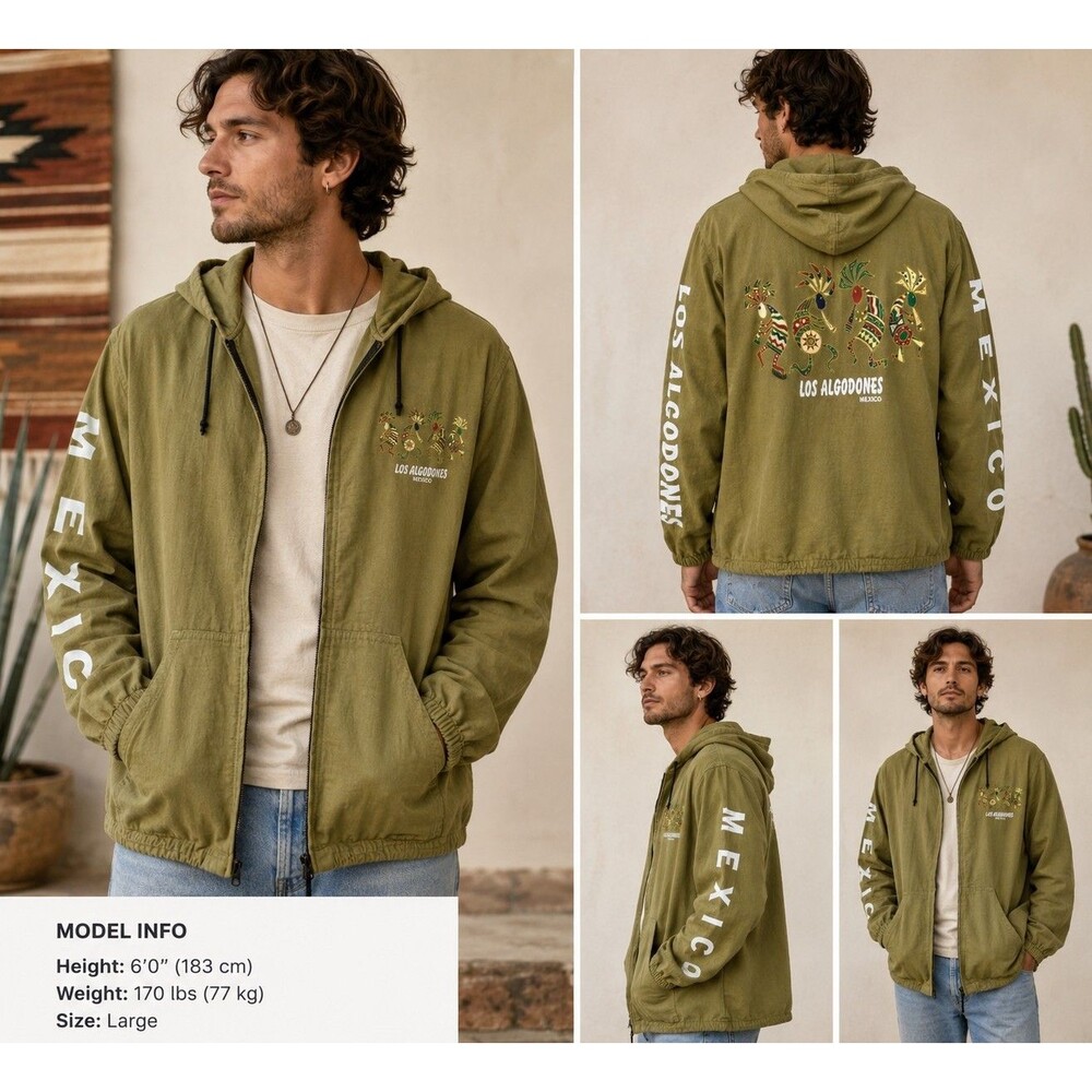 Algodones Mexico Kokopelli Full Zip Men L Windbreaker Hooded Jacket Cotton Chic